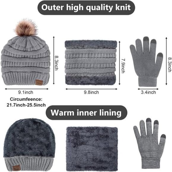 Winter Hat Scarf Touch Screen Gloves Set 3 Pcs Warm Knit Fleece Lined Beanie NEW - Picture 4 of 5